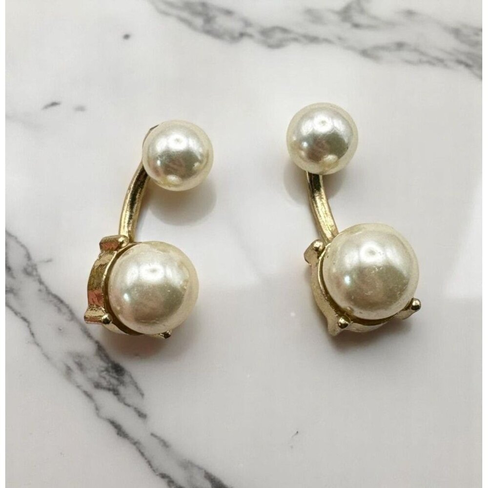 Faux Pearl Gold Tone Double Drop Earrings Classic Elegant Style - Picture 1 of 6